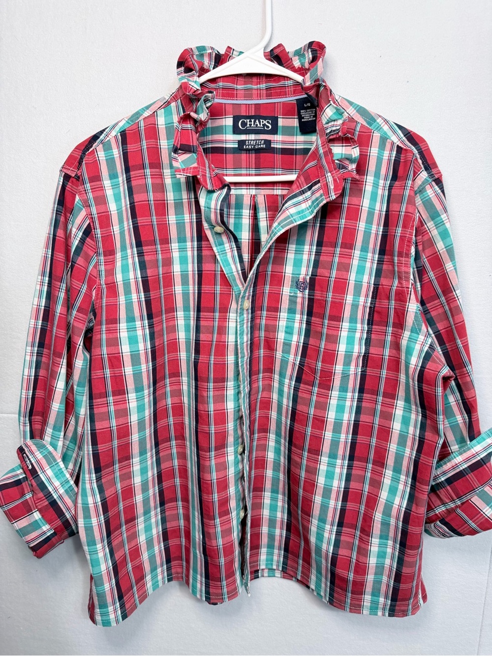 Ruffle collar Upcycled Chaps Bright-Red/teal/navy/white Plaid Button-Down Shirt